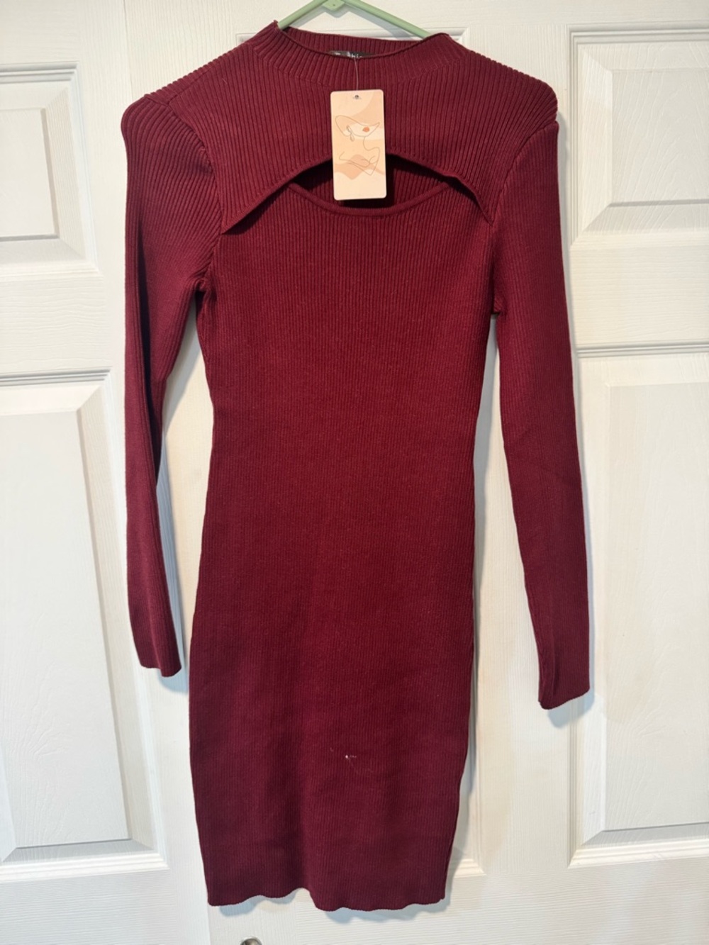 Ribbed Long-Sleeve Cutout Bodycon Dress - Burgundy